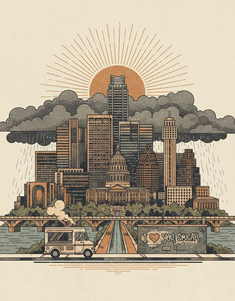 Editorial illustration: AUSTIN WEATHER FORECAST: ENJOY THE SUNSHINE WHILE YOU CAN, SUCKERS