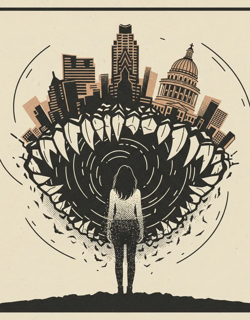 Editorial illustration: THE VOID STARES BACK: WOMAN MISSING IN NORTHEAST AUSTIN