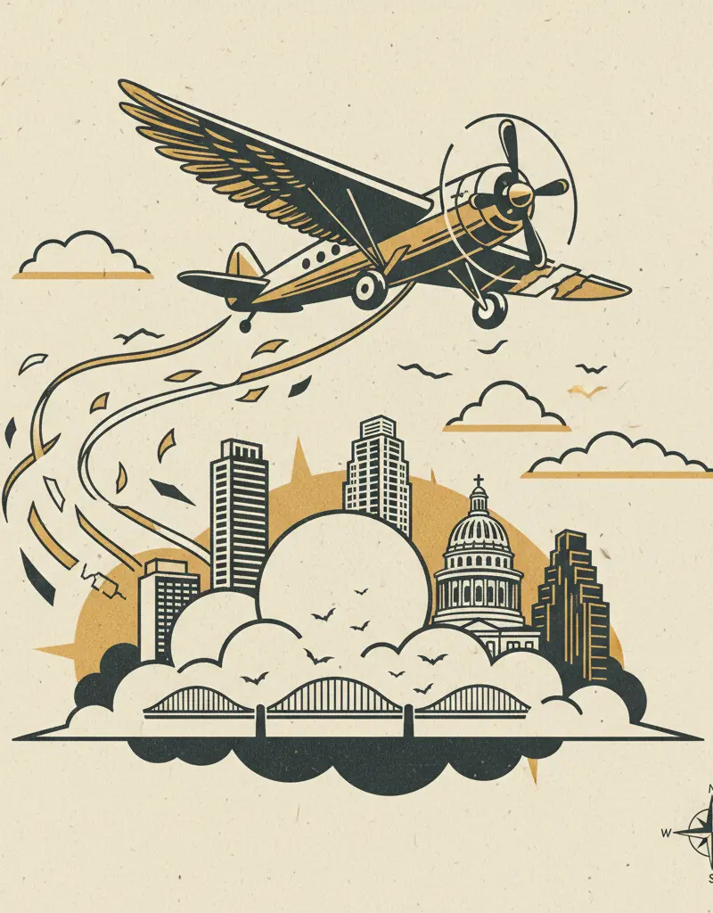 Editorial illustration: SAN MARCOS AIRPORT: NOW SERVING DREAMS OF FLIGHT AND DREAD OF FLYING