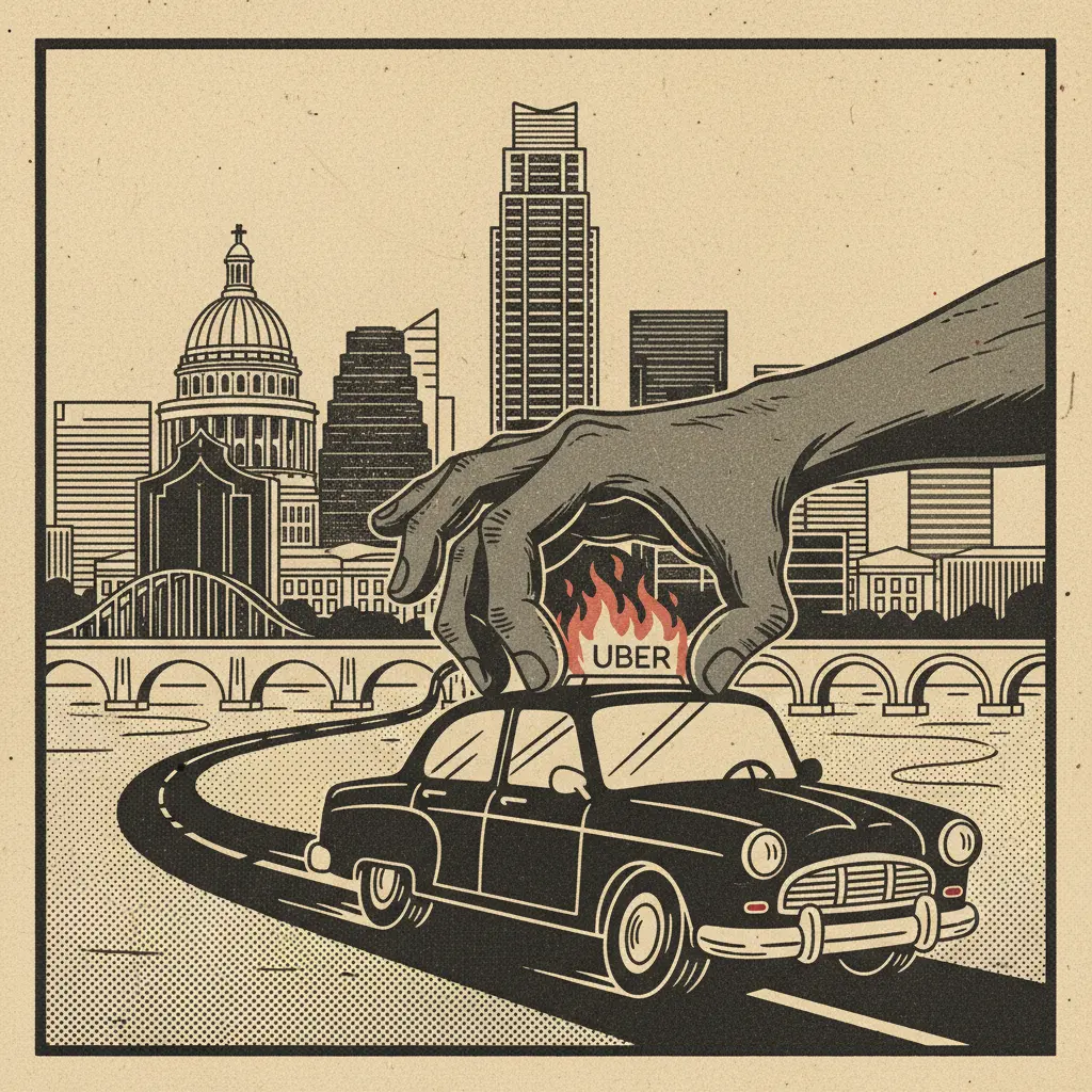Editorial illustration: UBER'S KARMA CATCHES A RIDE