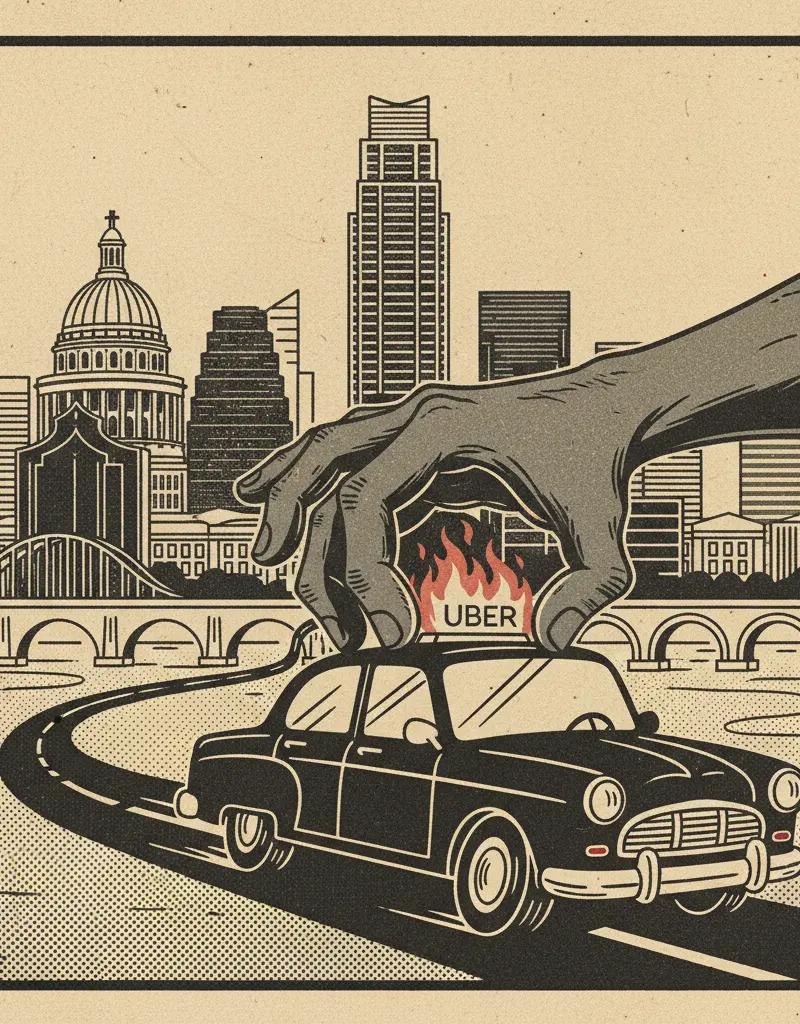 Editorial illustration: UBER'S KARMA CATCHES A RIDE