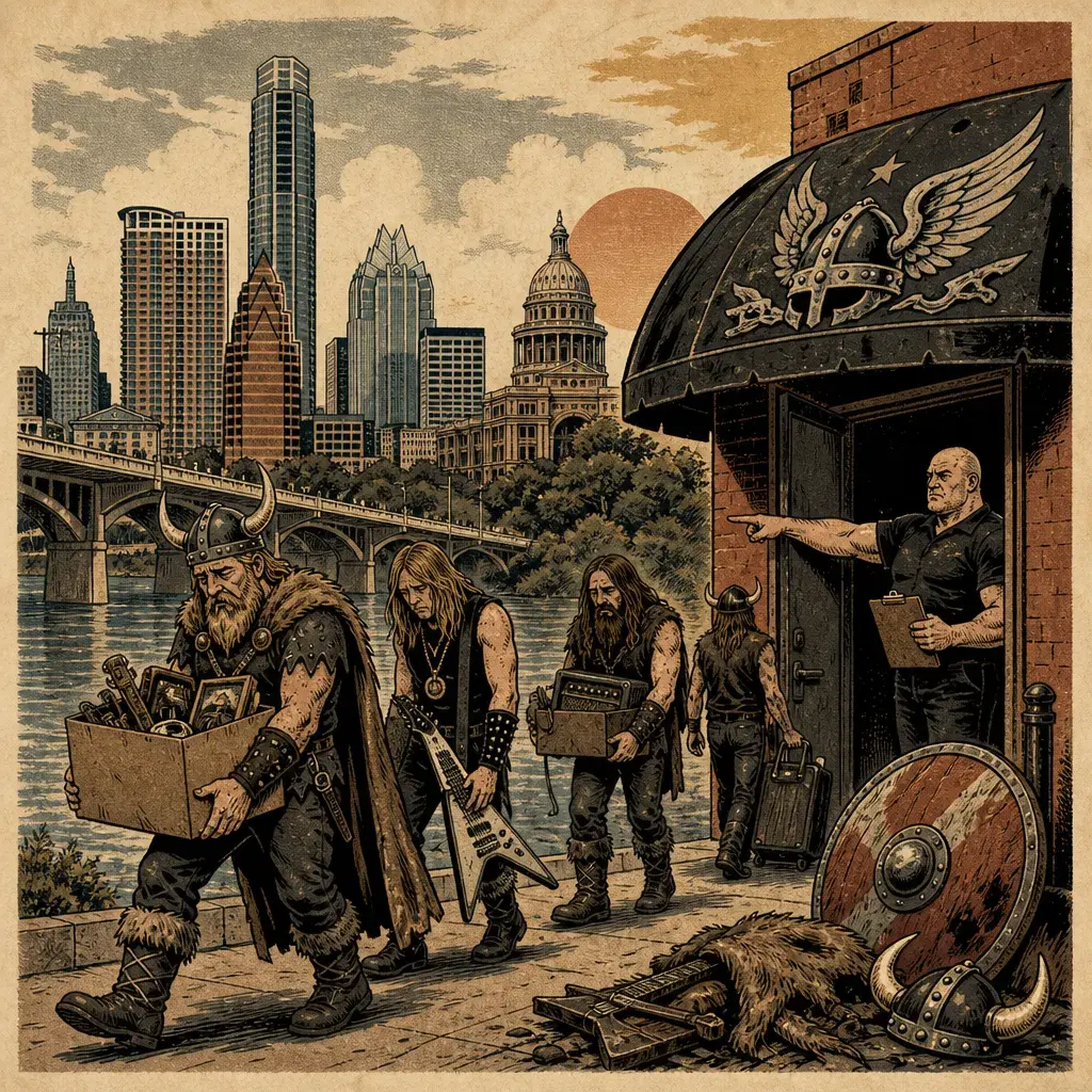Editorial illustration: THE GODS OF NOISE GOT EVICTED: VALHALLA AT 710 RED RIVER ST. TO CLOSE AFTER 17 YEARS