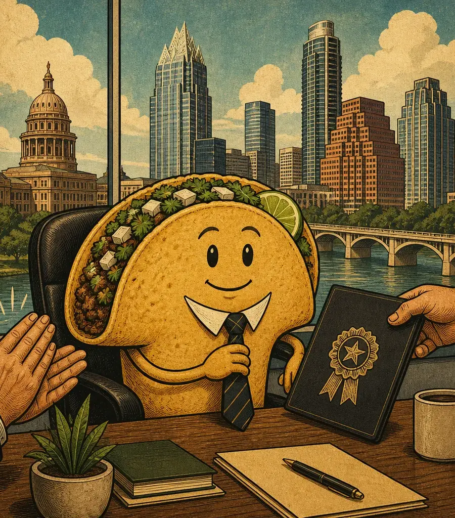 Editorial illustration: THE NEW YORK TIMES JUST GAVE A TACO AN OFFICE PROMOTION — NYT NAMES NIXTA TAQUERIA AMONG '41 OF THE GREATEST MEXICAN RESTAURANTS' (AUG. 13)
