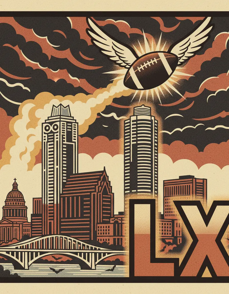 Editorial illustration: SUPER BOWL 60: THE APOCALYPSE IS POSTPONED