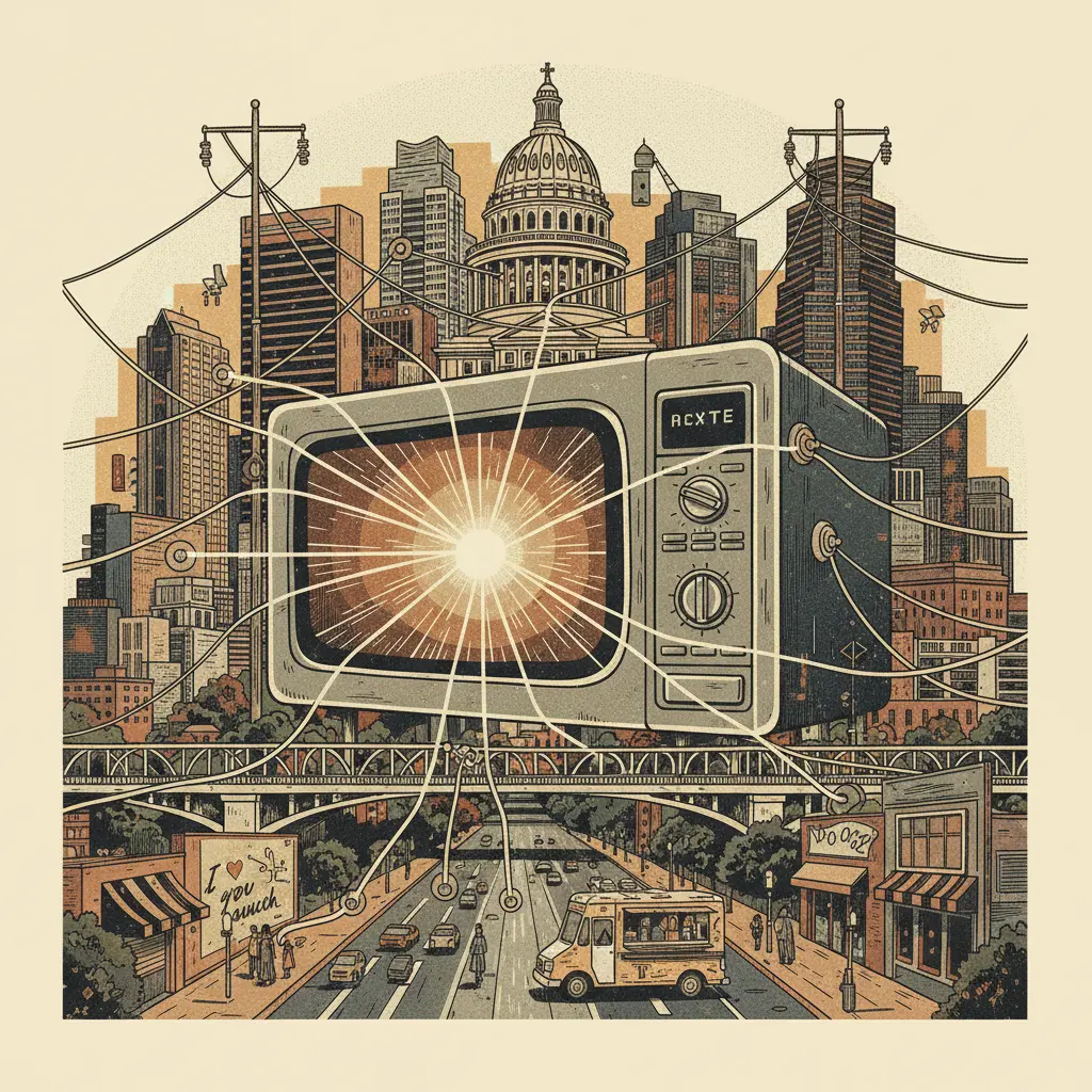 Editorial illustration: AUSTIN STARTUP PLANS TO MICROWAVE THE POWER GRID WITH TINY REACTORS