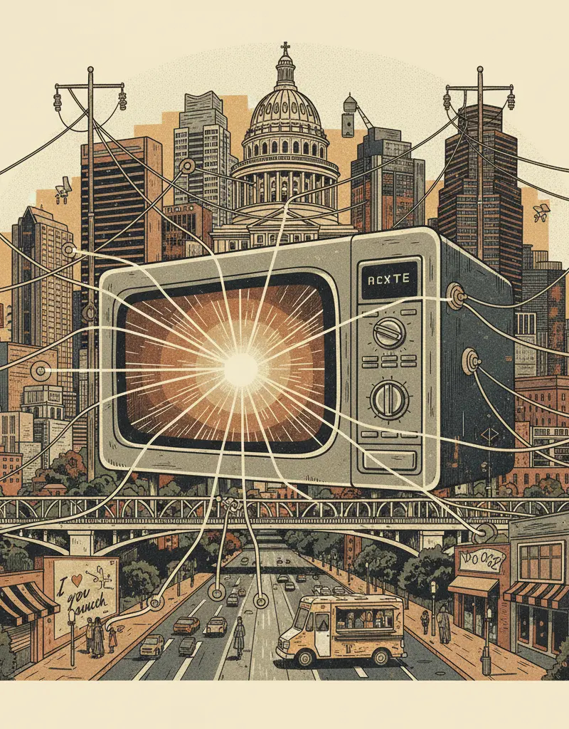Editorial illustration: AUSTIN STARTUP PLANS TO MICROWAVE THE POWER GRID WITH TINY REACTORS