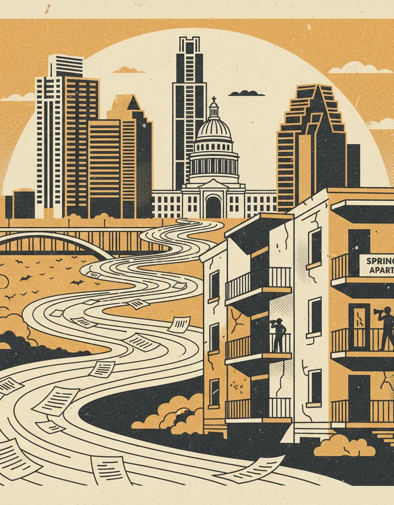 Editorial illustration: SPRINGDALE APARTMENT COMPLEX: FROM STANDOFF TO SAGA