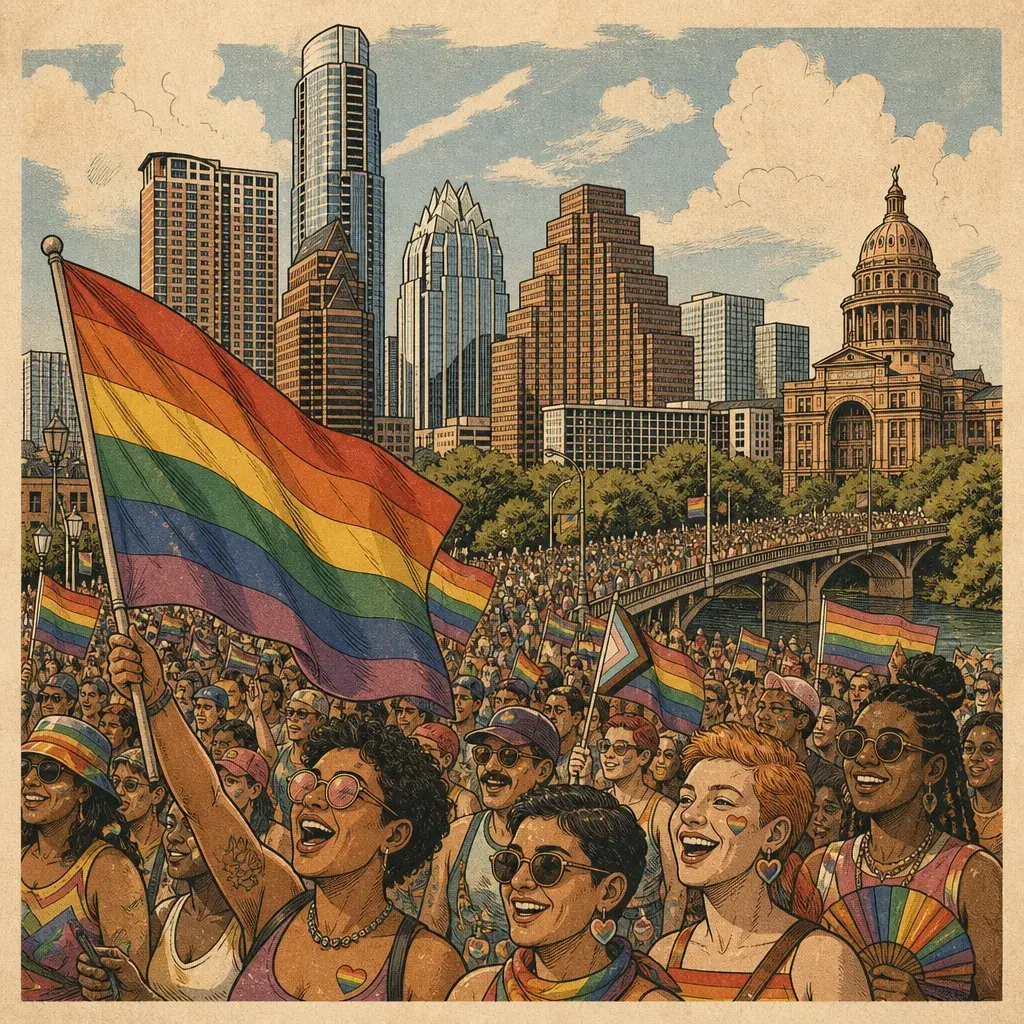 Editorial illustration: JOY IS A CROWDED STREET FOR NOW · THOUSANDS PACK DOWNTOWN AUSTIN FOR AUSTIN PRIDE FESTIVAL PARADE SATURDAY