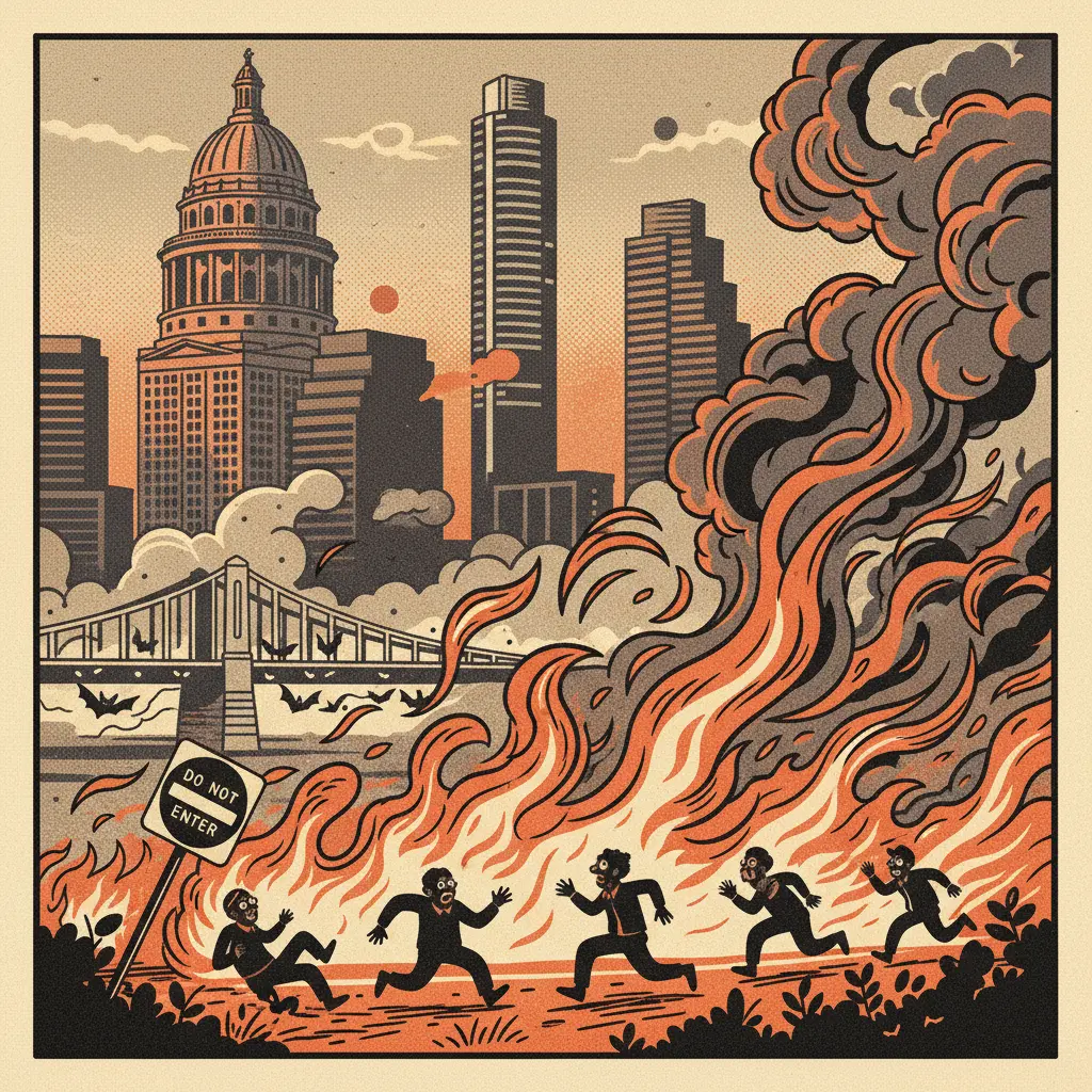 Editorial illustration: PRESCRIBED BURN BECOMES UNPRESCRIBED PANIC