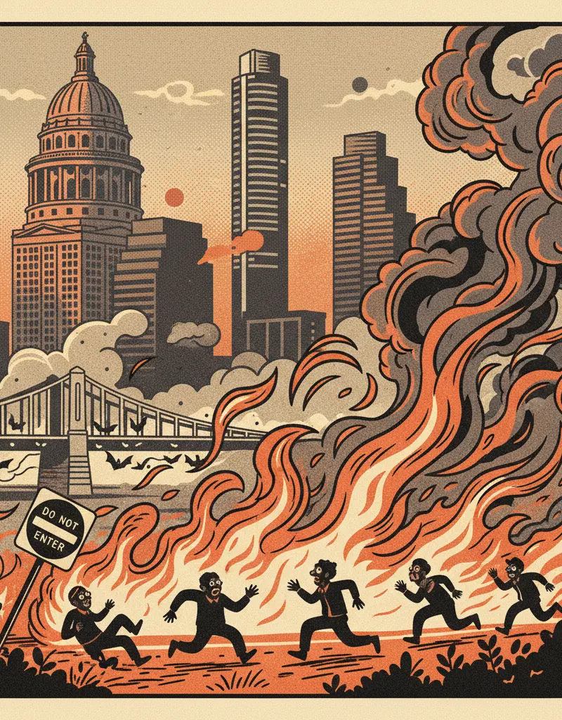 Editorial illustration: PRESCRIBED BURN BECOMES UNPRESCRIBED PANIC