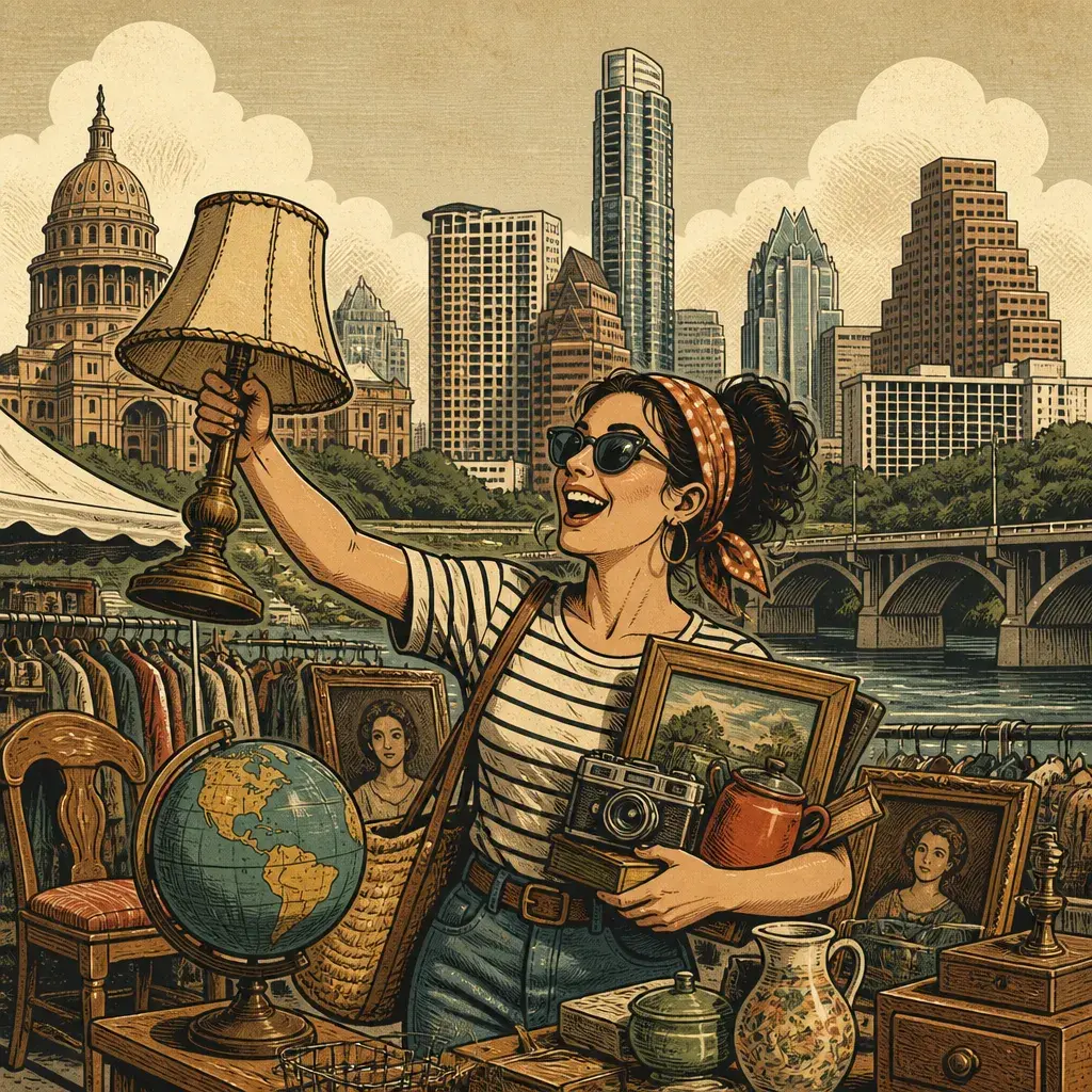Editorial illustration: BUY NOW, SELF-SABOTAGE LATER — LE GARAGE SALE RETURNS TO PALMER EVENTS CENTER AUG. 29-30 WITH 130 VENDORS (19 NEW)