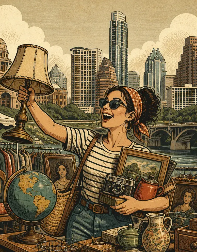 Editorial illustration: BUY NOW, SELF-SABOTAGE LATER — LE GARAGE SALE RETURNS TO PALMER EVENTS CENTER AUG. 29-30 WITH 130 VENDORS (19 NEW)
