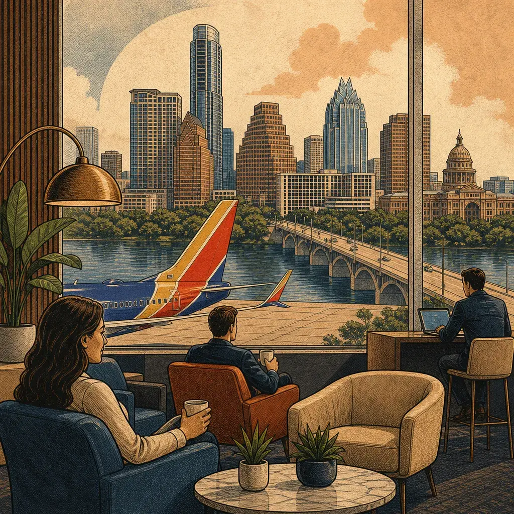 Editorial illustration: SOUTHWEST TO BUILD FIRST AIRPORT LOUNGE AT AUSTIN-BERGSTROM