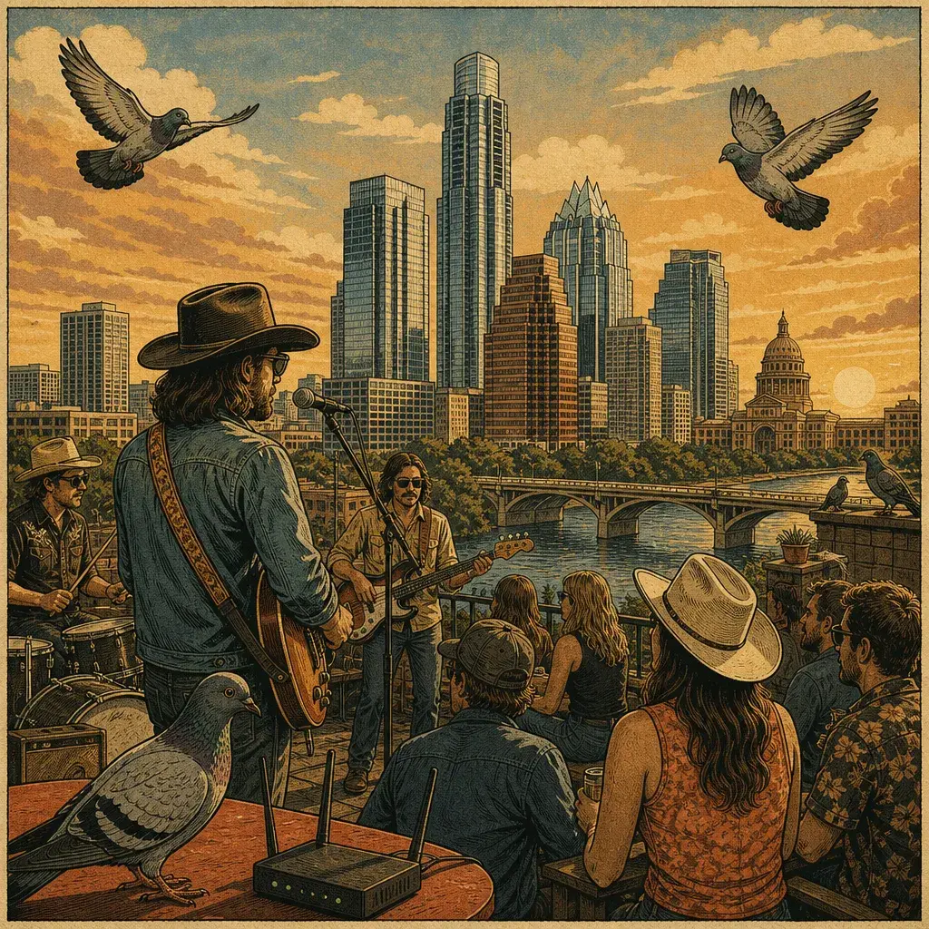 Editorial illustration: IF YOU'RE GOING TO CELEBRATE AN ALBUM, DO IT WHERE THE PIGEONS HAVE BETTER Wi‑Fi: SILVERADA PLAYS LIVING PROOF — AUSTIN MOTEL ROOFTOP (FREE) + WATERLOO RECORDS (AUG. 28) & ANTONE'S (AUG. 29)
