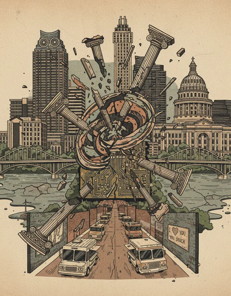 Editorial illustration: THE SIMULACRA OF PATRIOTISM ARE COLLAPSING IN REAL TIME (AND SPACE)