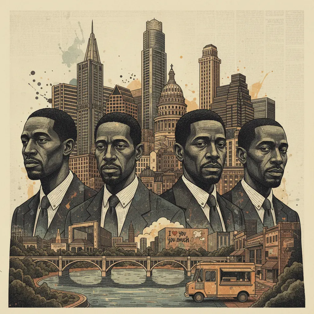 Editorial illustration: FOUR MEN TO BE EXONERATED FOR YOGURT SHOP MURDERS: JUSTICE SERVED DECADES LATE