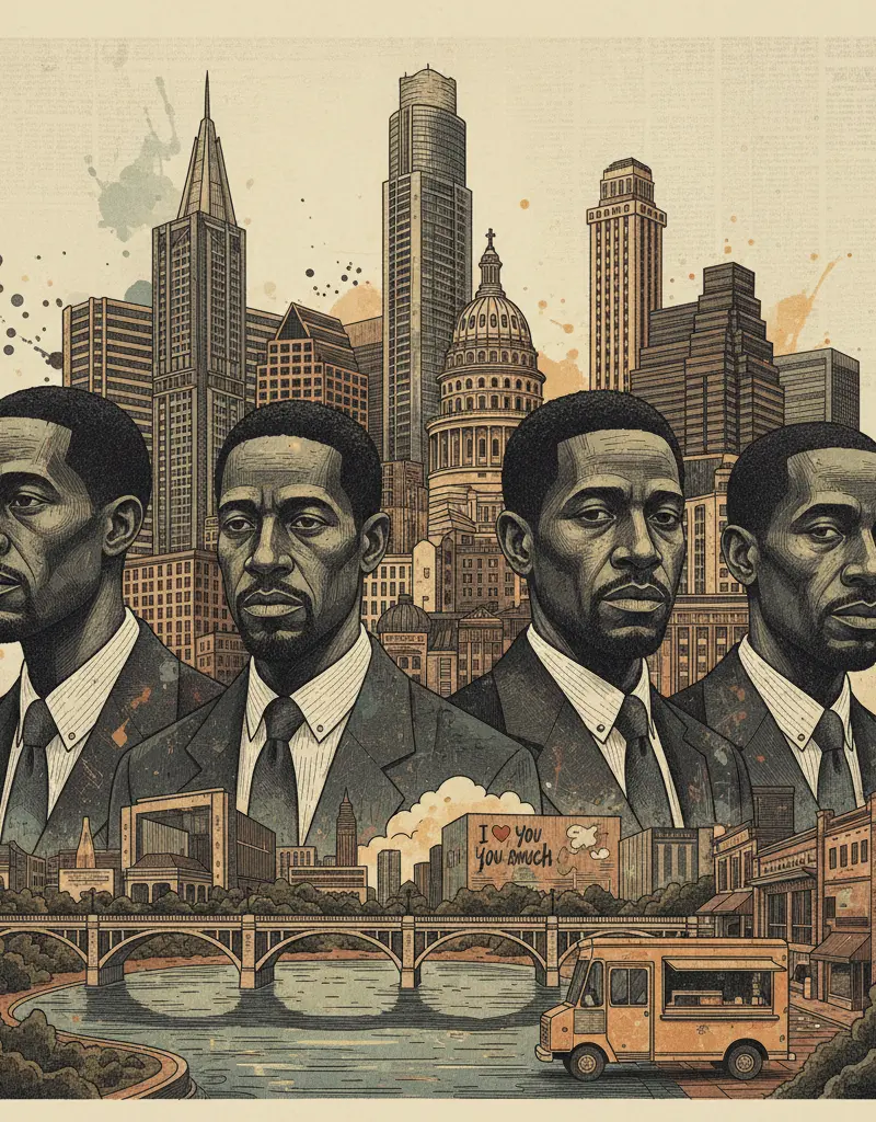 Editorial illustration: FOUR MEN TO BE EXONERATED FOR YOGURT SHOP MURDERS: JUSTICE SERVED DECADES LATE