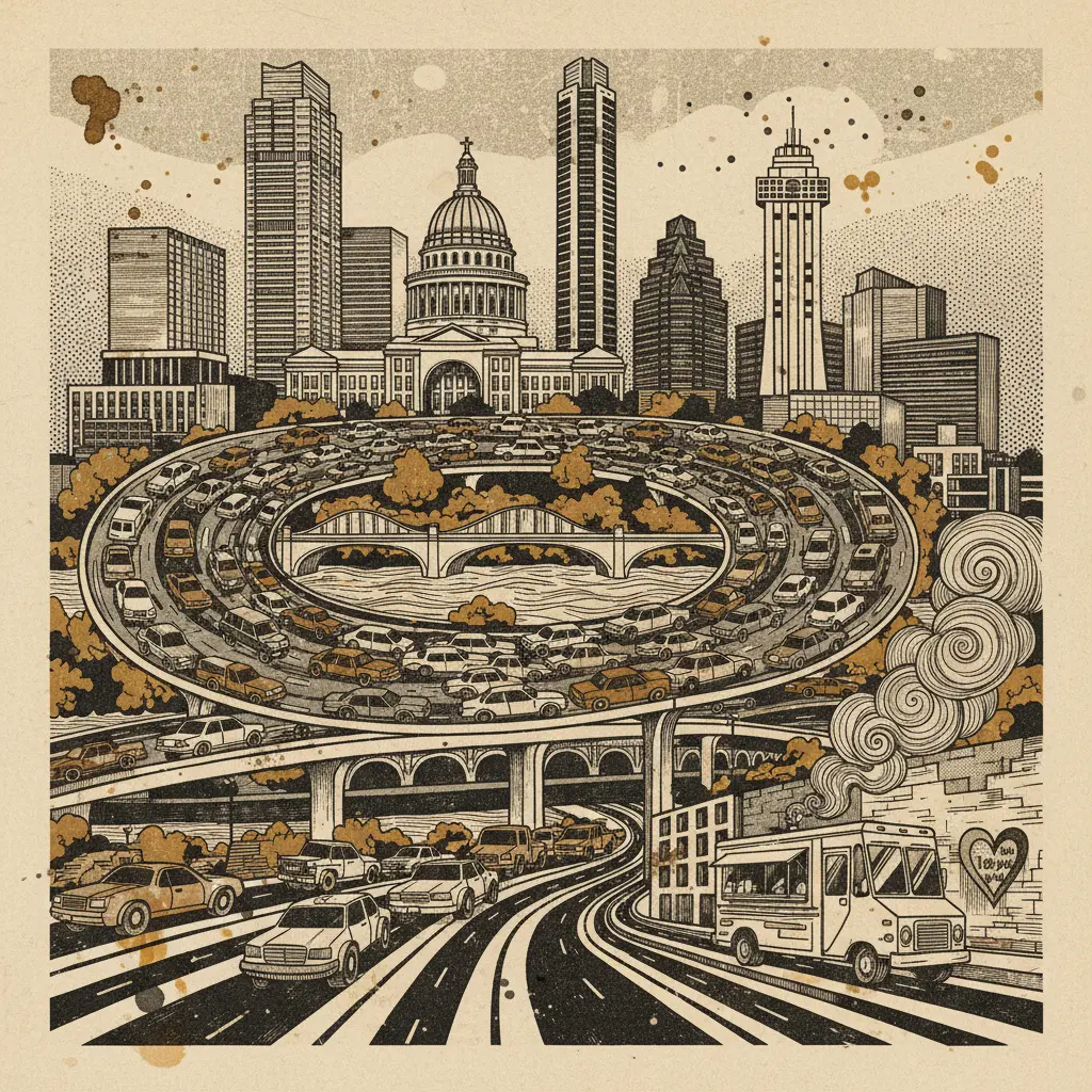 Editorial illustration: DEMOCRACY: NOW WITH 10% MORE TRAFFIC JAMS