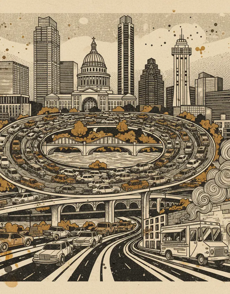 Editorial illustration: DEMOCRACY: NOW WITH 10% MORE TRAFFIC JAMS