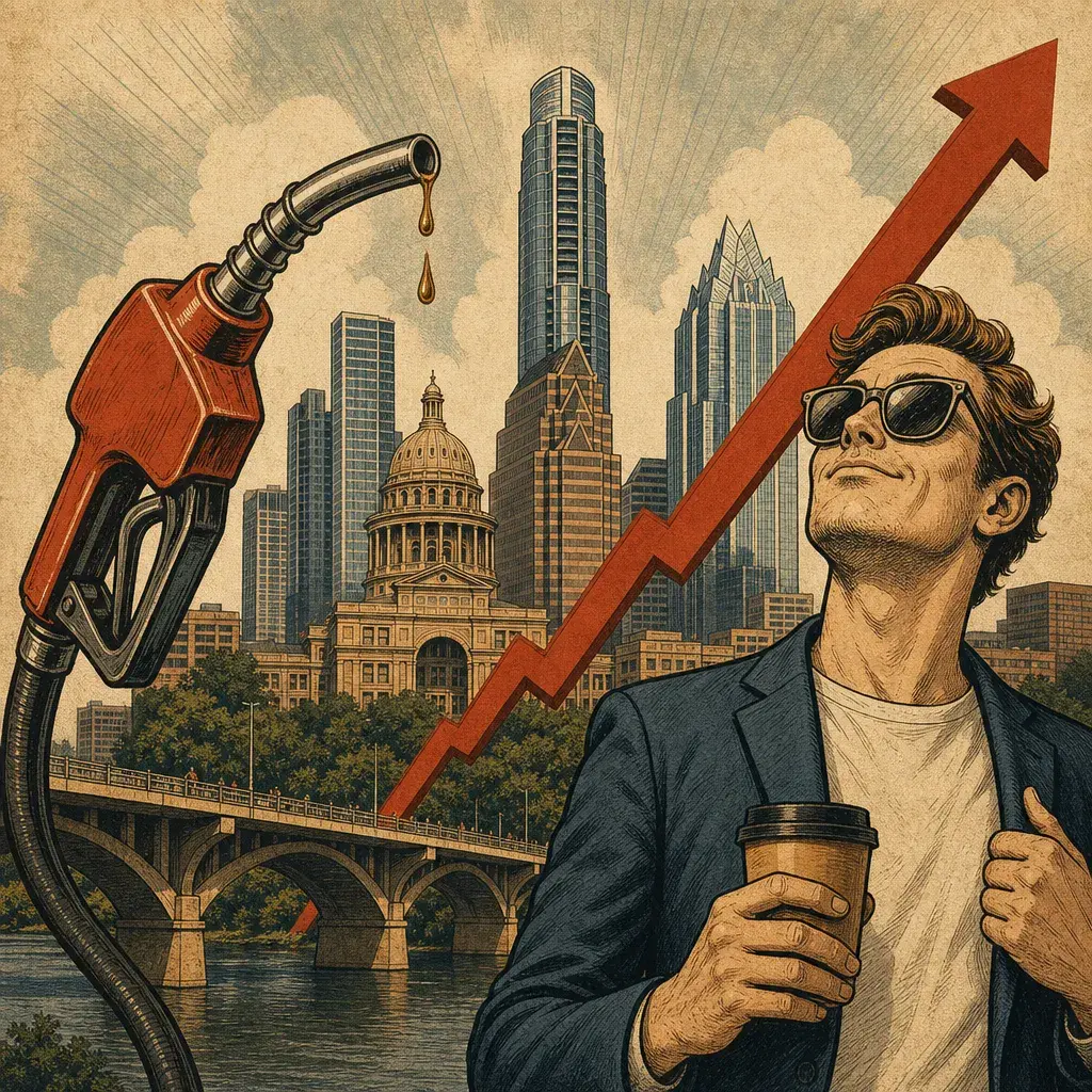 Editorial illustration: GAS PRICES IN AUSTIN CLIMB FASTER THAN A TECH BRO'S EGO AFTER SERIES A FUNDING