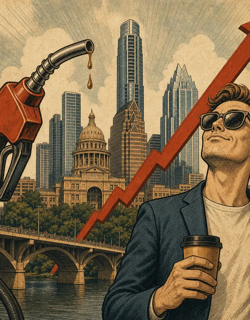 Editorial illustration: GAS PRICES IN AUSTIN CLIMB FASTER THAN A TECH BRO'S EGO AFTER SERIES A FUNDING
