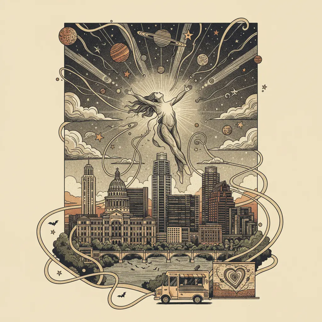 Editorial illustration: THE UNIVERSE BRIEFLY ALIGNS TO ALLOW AUSTIN TO FEEL JOY