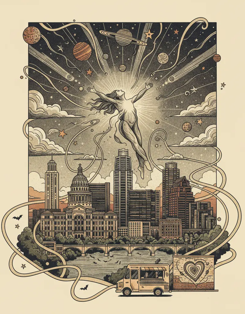 Editorial illustration: THE UNIVERSE BRIEFLY ALIGNS TO ALLOW AUSTIN TO FEEL JOY