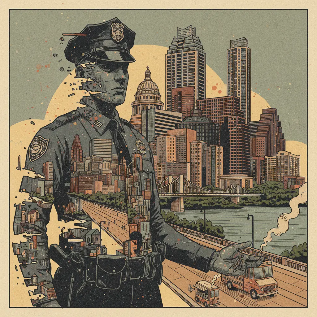 Editorial illustration: THE AUSTIN POLICE DEPARTMENT FIRES AN OFFICER: PROGRESS OR PERFORMANCE?