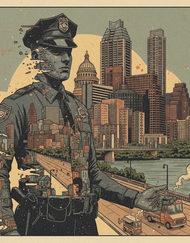 Editorial illustration: THE AUSTIN POLICE DEPARTMENT FIRES AN OFFICER: PROGRESS OR PERFORMANCE?
