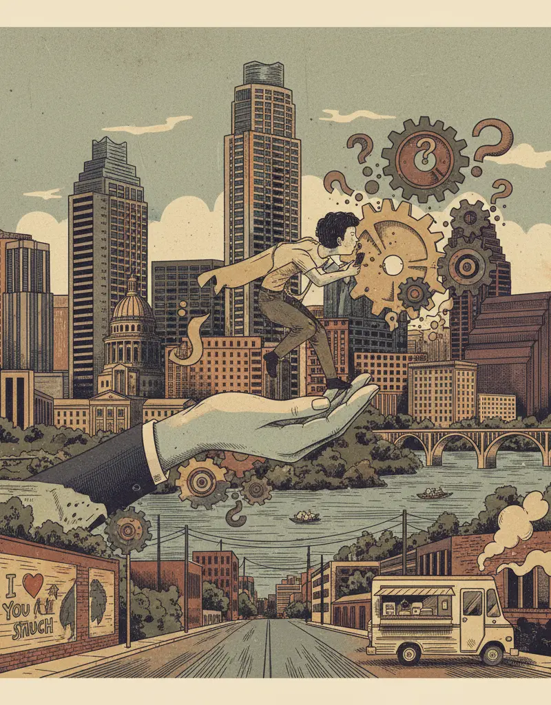 Editorial illustration: H-E-B RECEIVES AWARD FOR TREATING WORKERS LIKE HUMANS; CAPITALISM CONFUSED
