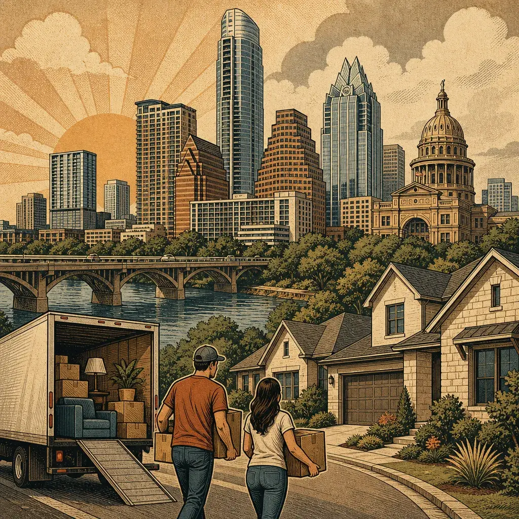 Editorial illustration: MOVE WHERE? LEANDER & PFLUGERVILLE ARE THE ZIP CODES PEOPLE ARE FLEEING TO — THESE AUSTIN SUBURBS RANK AMONG THE HOTTEST U.S. ZIPs IN A MID-YEAR REPORT
