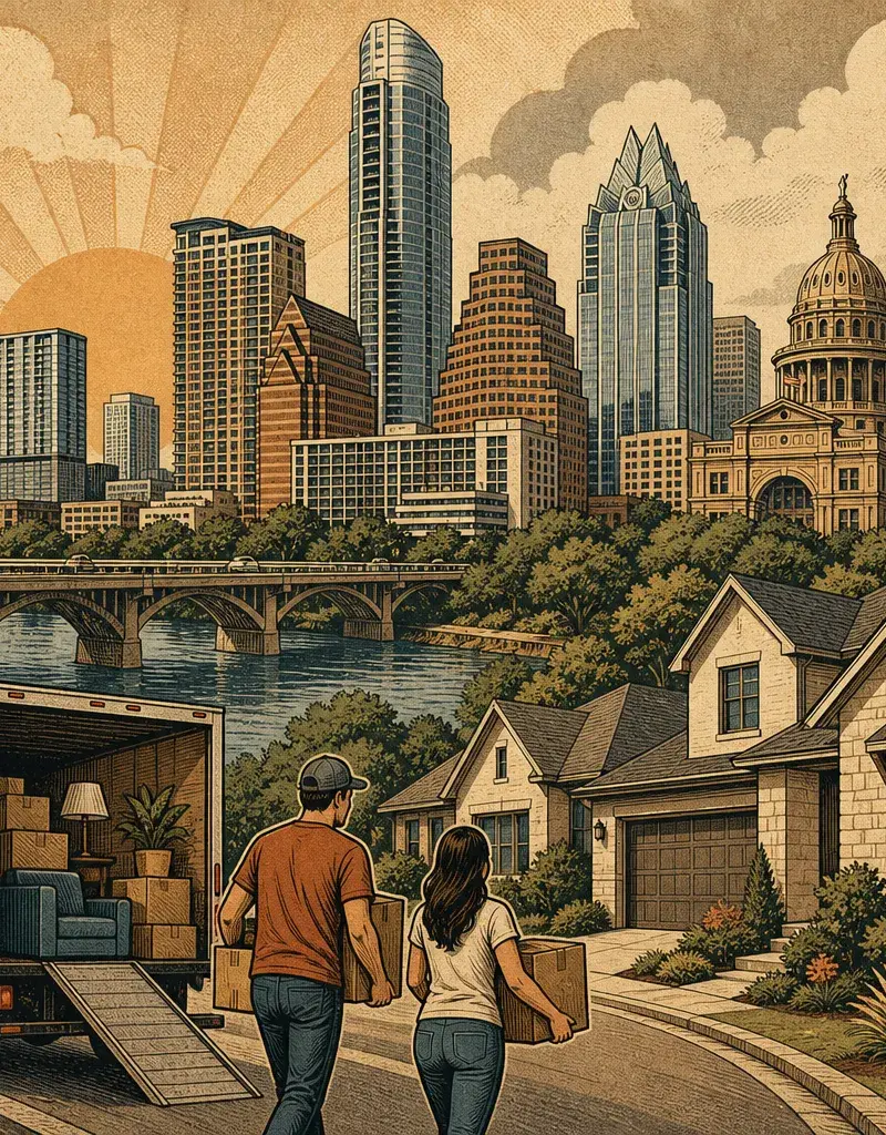 Editorial illustration: MOVE WHERE? LEANDER & PFLUGERVILLE ARE THE ZIP CODES PEOPLE ARE FLEEING TO — THESE AUSTIN SUBURBS RANK AMONG THE HOTTEST U.S. ZIPs IN A MID-YEAR REPORT