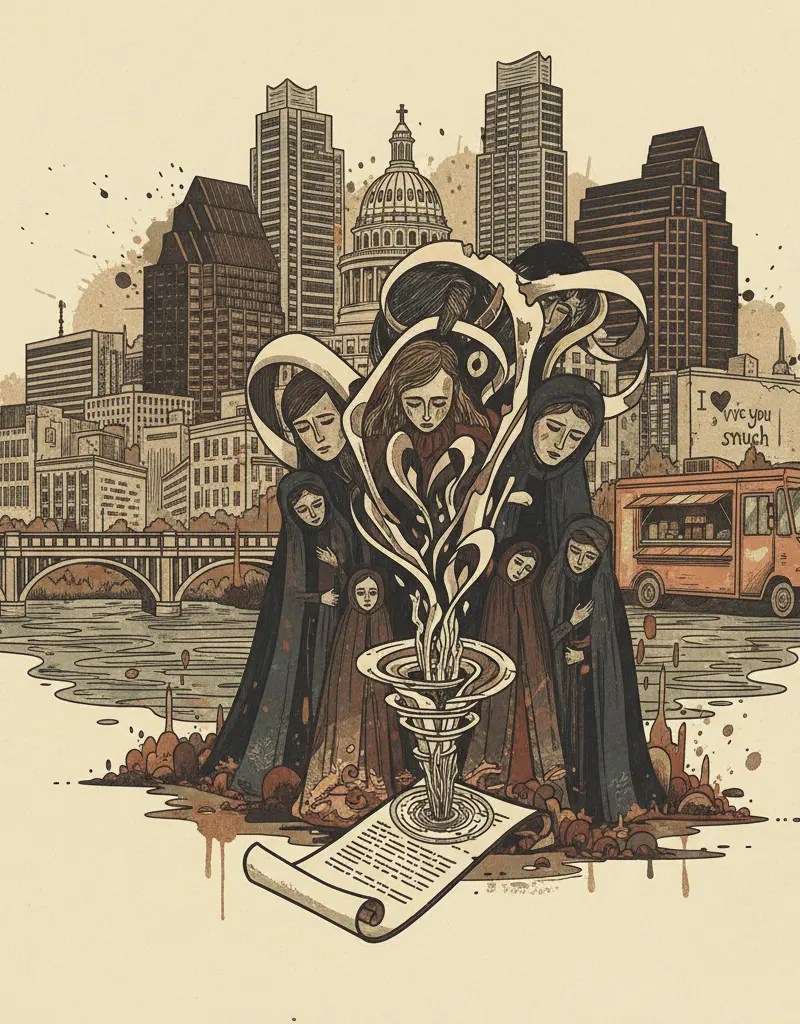 Editorial illustration: CAMP MYSTIC FAMILIES SUE STATE OFFICIALS, BECAUSE GRIEF ISN'T EXPLOITED ENOUGH
