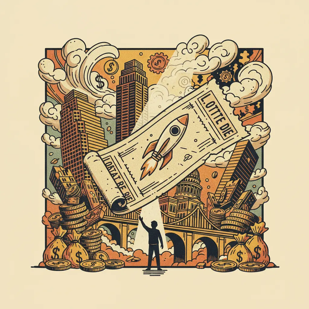 Editorial illustration: LOTTERY TICKET TO ESCAPE LATE-STAGE CAPITALISM