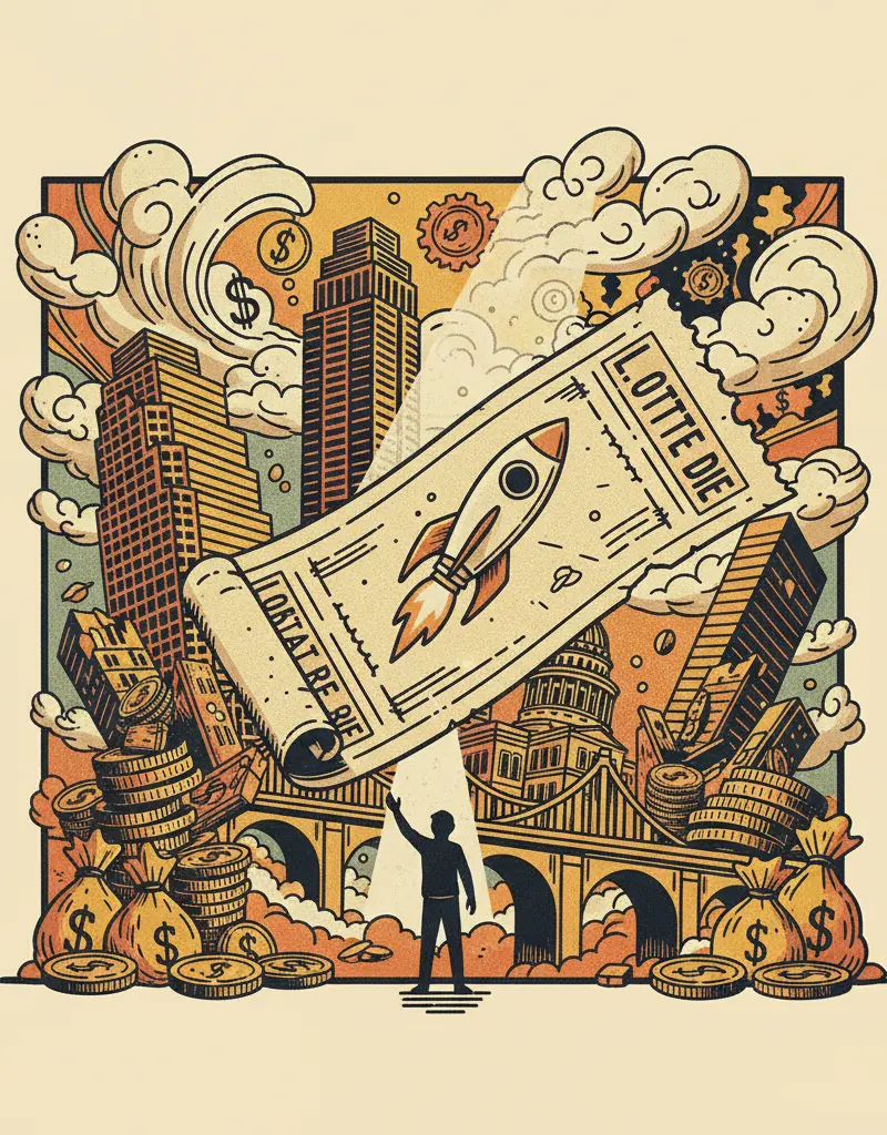 Editorial illustration: LOTTERY TICKET TO ESCAPE LATE-STAGE CAPITALISM
