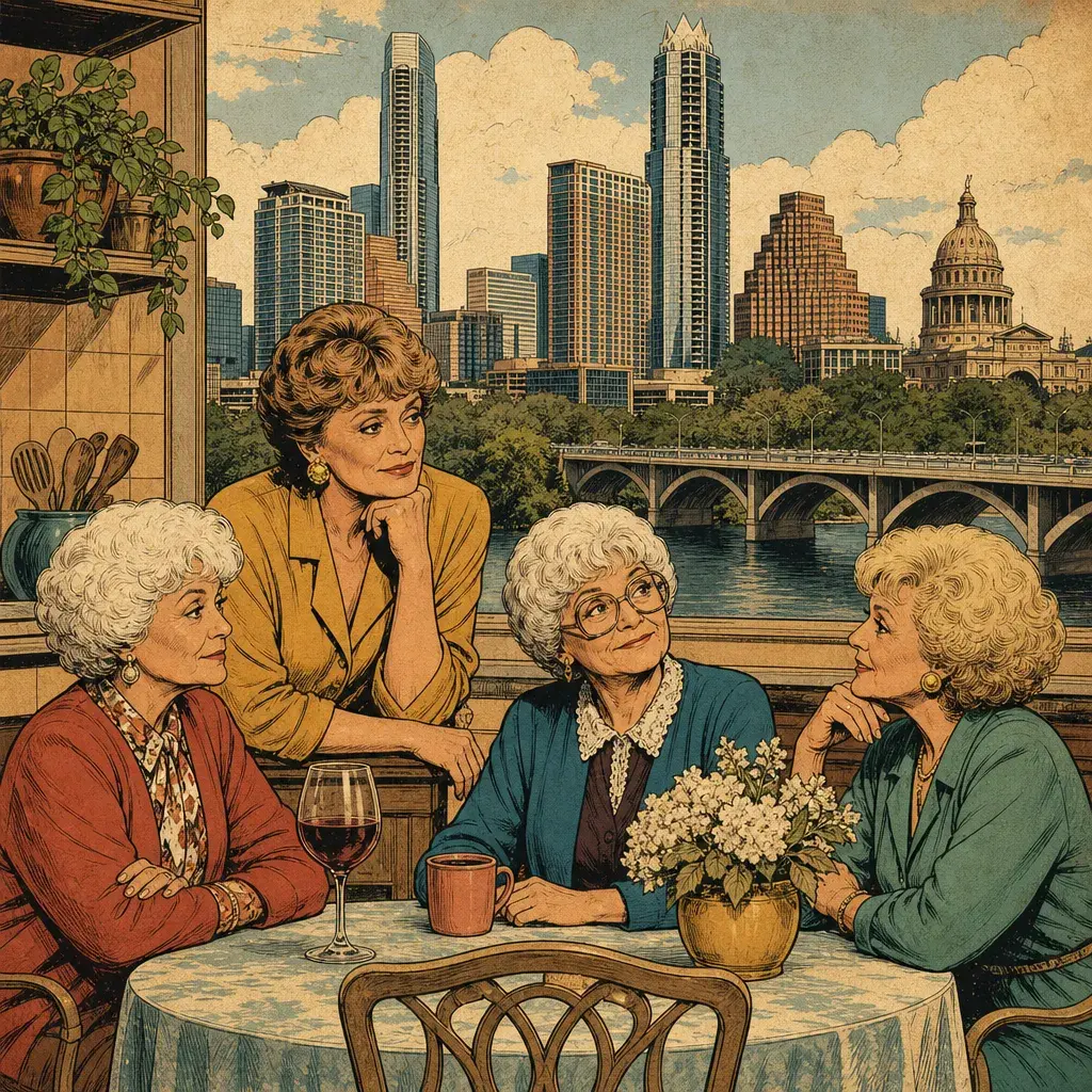 Editorial illustration: SIT WHERE SOPHIA SAT, FEEL YOUR MORTALITY: GOLDEN GIRLS KITCHEN POP-UP OPENS AUG. 20 AT WANDERLUST WINE CO.