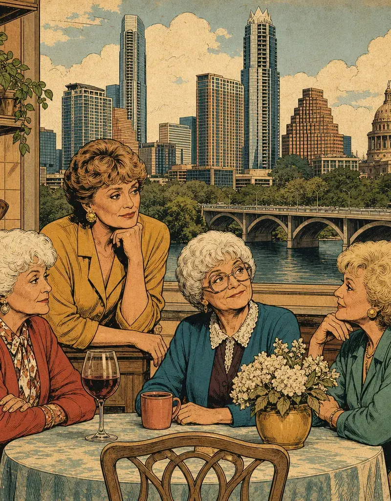 Editorial illustration: SIT WHERE SOPHIA SAT, FEEL YOUR MORTALITY: GOLDEN GIRLS KITCHEN POP-UP OPENS AUG. 20 AT WANDERLUST WINE CO.