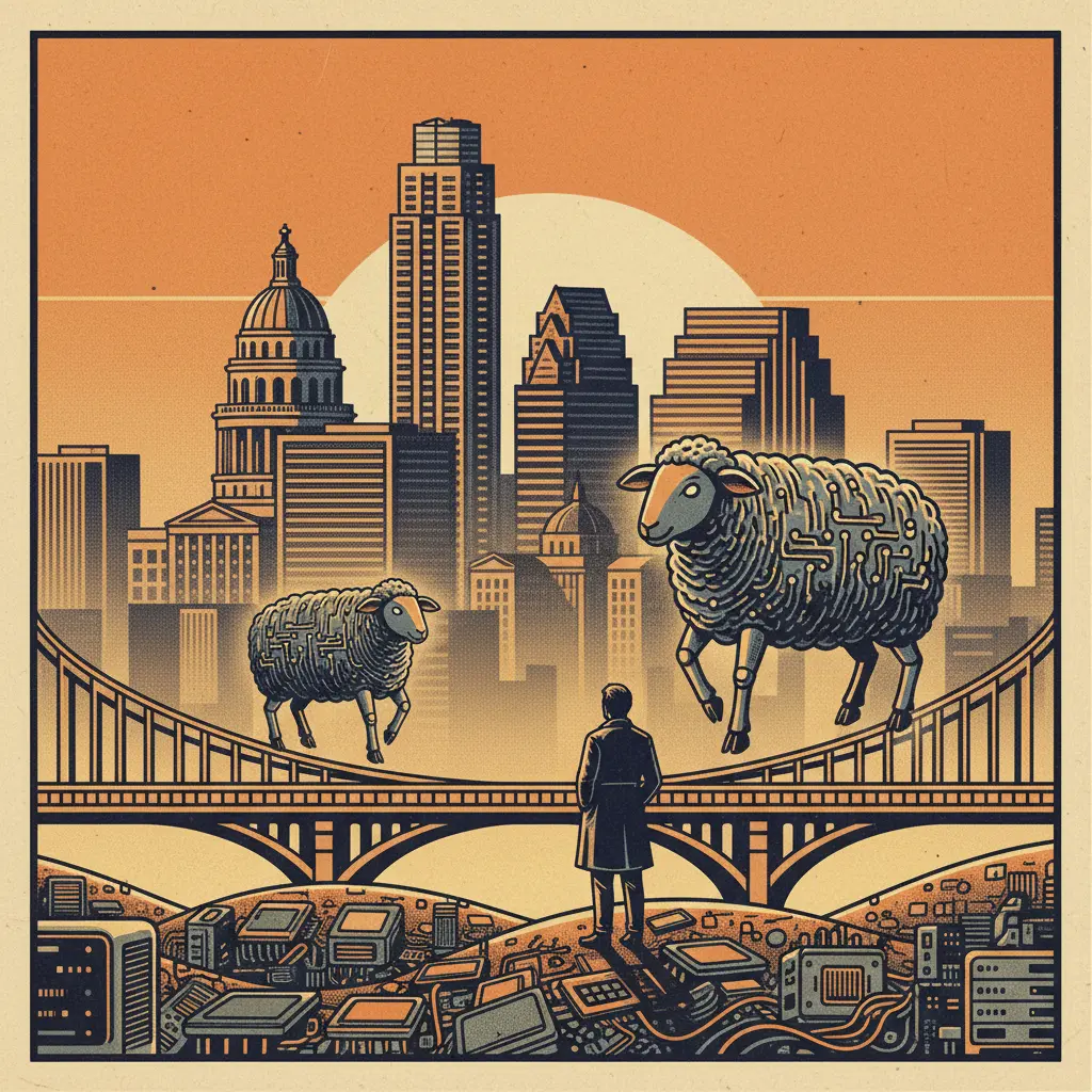 Editorial illustration: AUSTIN'S SILICON HILLS DREAM OF ELECTRIC SHEEP