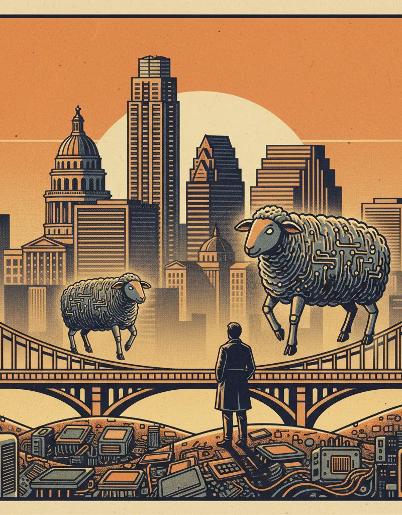 Editorial illustration: AUSTIN'S SILICON HILLS DREAM OF ELECTRIC SHEEP