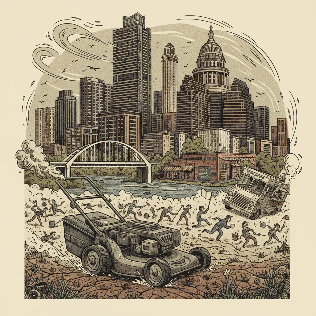 Editorial illustration: PFLUGERVILLE DECLARES WAR ON YOUR LAWN