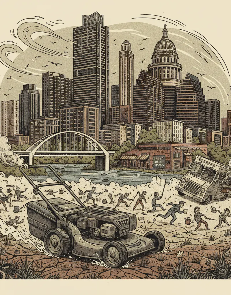 Editorial illustration: PFLUGERVILLE DECLARES WAR ON YOUR LAWN
