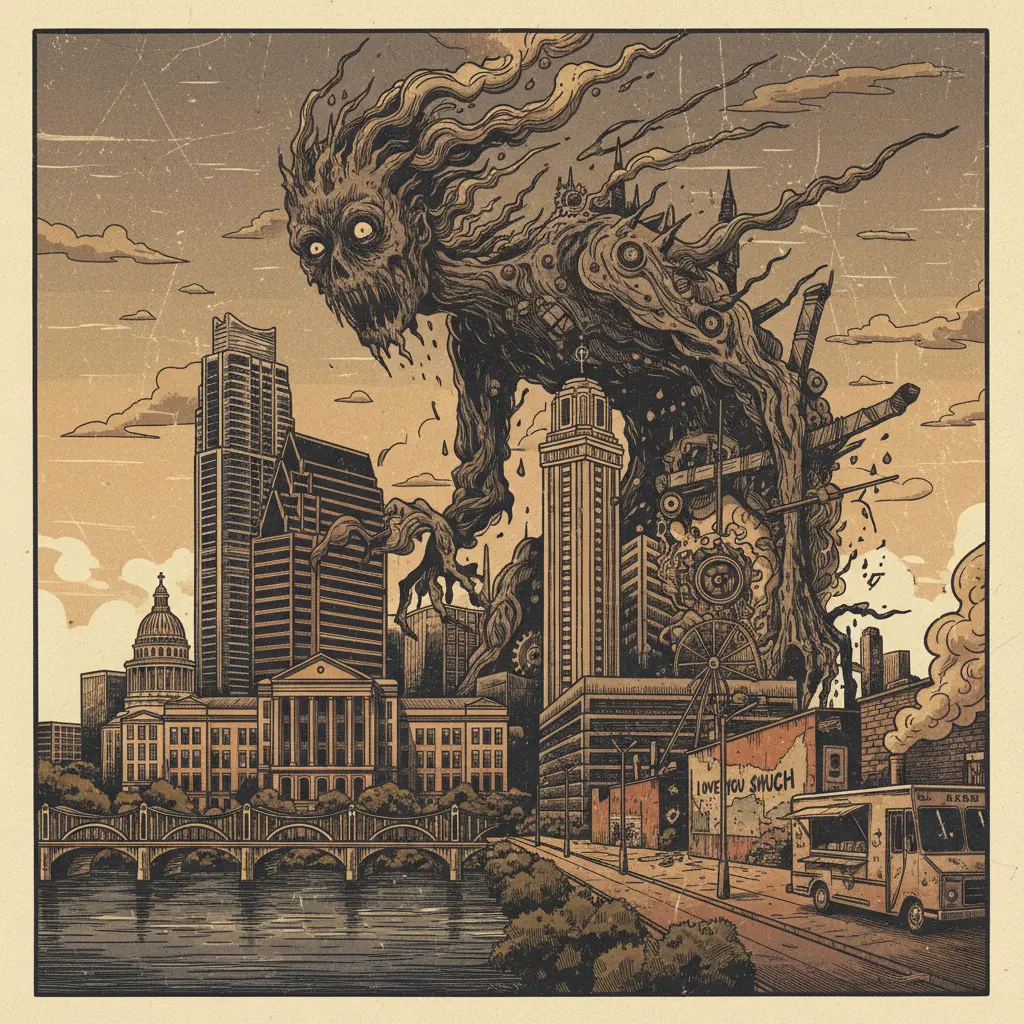 Editorial illustration: SATURDAY MORNING IN NORTH AUSTIN NOW BROUGHT TO YOU BY EXISTENTIAL DREAD