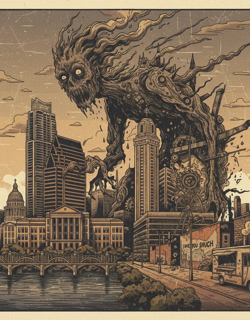 Editorial illustration: SATURDAY MORNING IN NORTH AUSTIN NOW BROUGHT TO YOU BY EXISTENTIAL DREAD