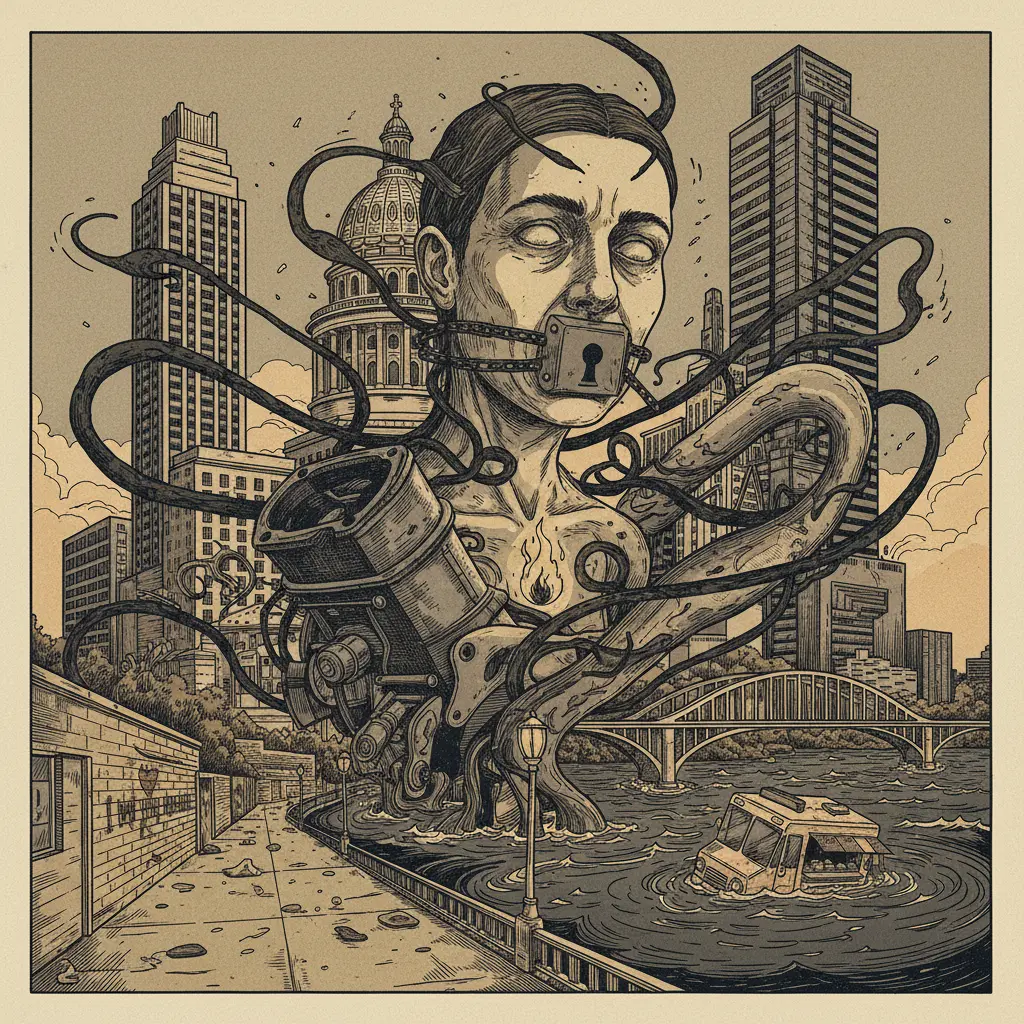 Editorial illustration: AUSTIN CITY COUNCIL WANTS TO MUTE YOUR ENGINE AND YOUR SOUL