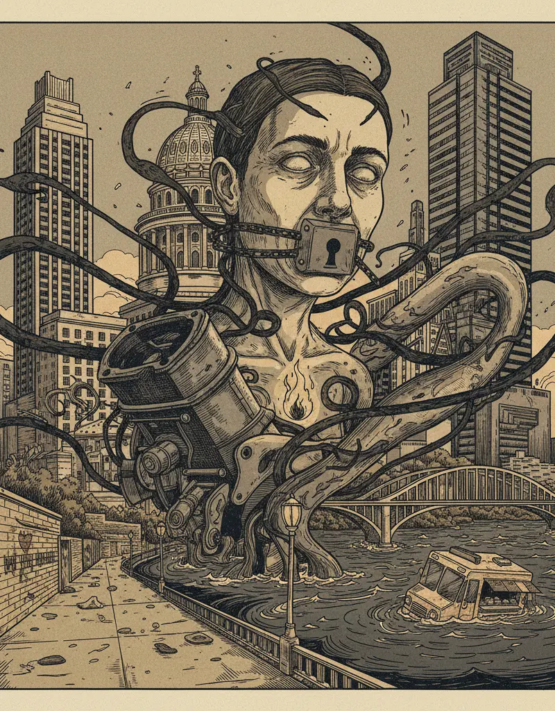 Editorial illustration: AUSTIN CITY COUNCIL WANTS TO MUTE YOUR ENGINE AND YOUR SOUL
