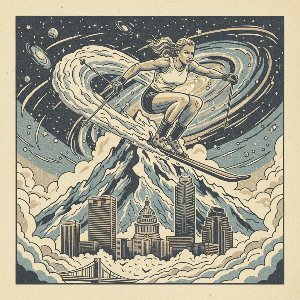 Editorial illustration: THE MOUNTAIN IS UNDEFEATED: LINDSEY VONN VS. THE UNIVERSE