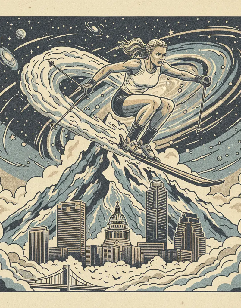 Editorial illustration: THE MOUNTAIN IS UNDEFEATED: LINDSEY VONN VS. THE UNIVERSE