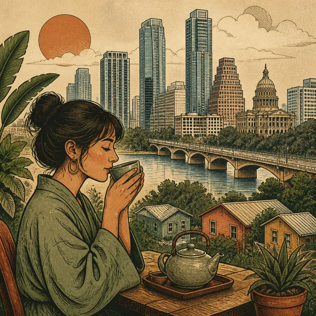 Editorial illustration: DRINK TEA, FLEE THE MATRIX: MOMENT OF TEA OPENS AT CASA DE LUZ VILLAGE IN ZILKER