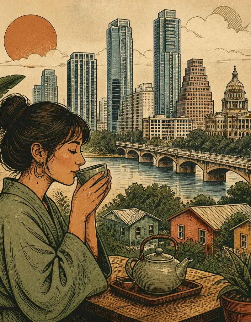 Editorial illustration: DRINK TEA, FLEE THE MATRIX: MOMENT OF TEA OPENS AT CASA DE LUZ VILLAGE IN ZILKER