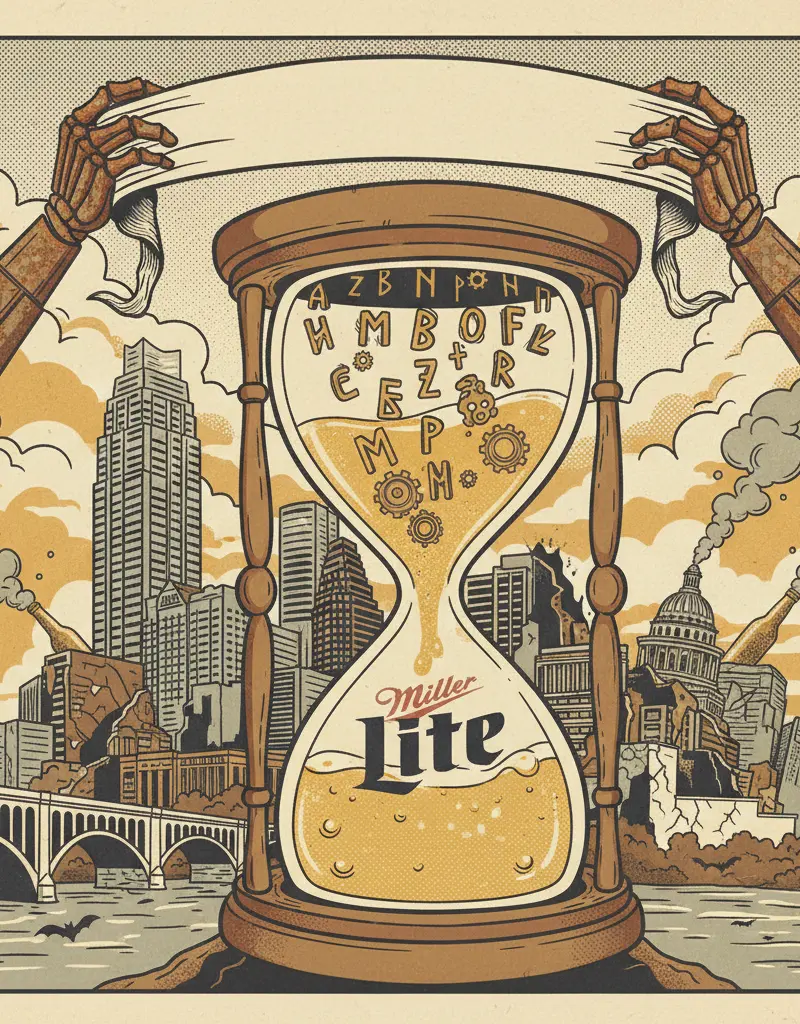 Editorial illustration: THE END IS NIGH, AND IT WILL BE SPONSORED BY MILLER LITE